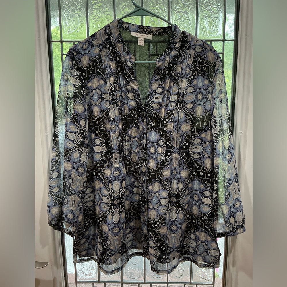 JM Collection Blue and Black Ruffled Blouse with 3/4 Sleeves